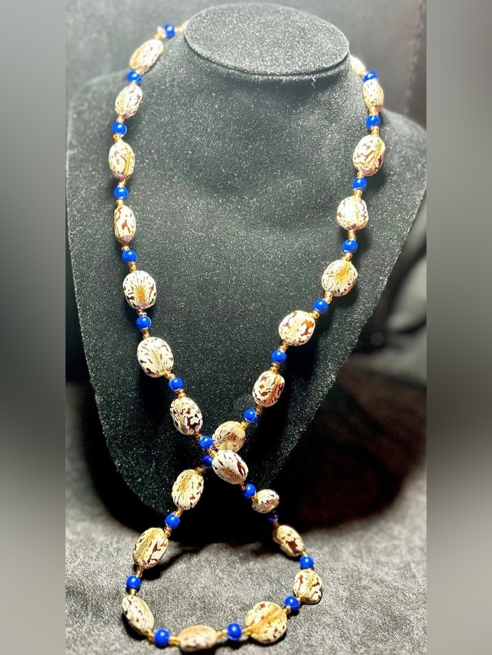 Vintage Natural Betel Nut Seed Bead Necklace Cobalt Blue Boho Island Handmade